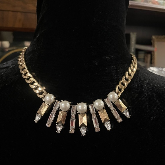 Stunning Brutalist Fringe Necklace Faux Pearls & Crystals 18+ Inches - Picture 6 of 6